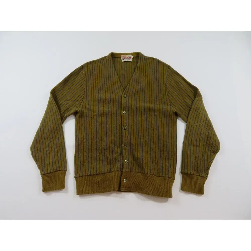 Hudson Sportswear Cardigan Sweater, Wool-Mohair, Brown Blue Striped Sz L 1960s - Picture 1 of 4